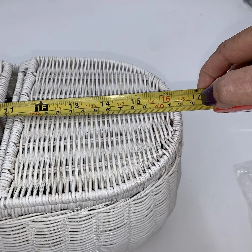 Vintage Handwoven Rattan Wicker 3 Part Tissue Basket White Storage Multipurpose
